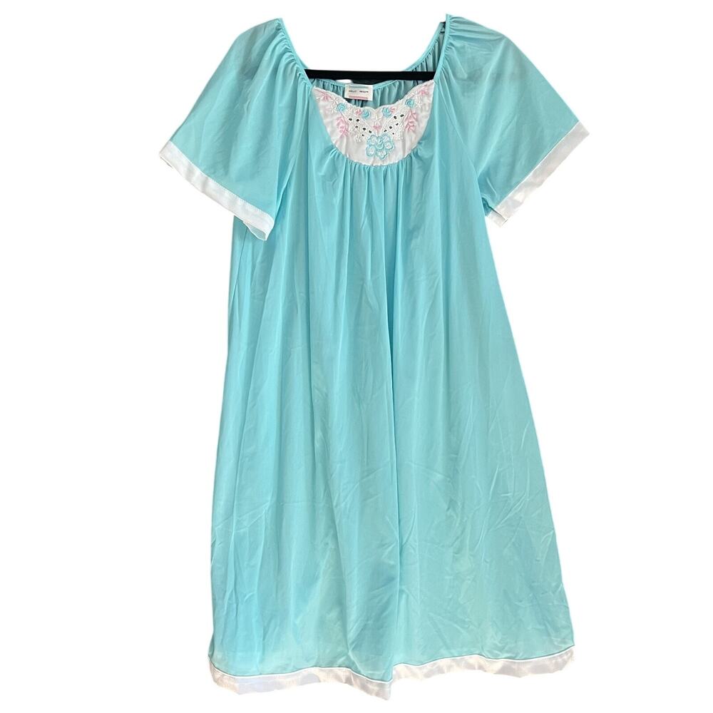 80s vintage satin nightgown - pastel blue with embroidered details